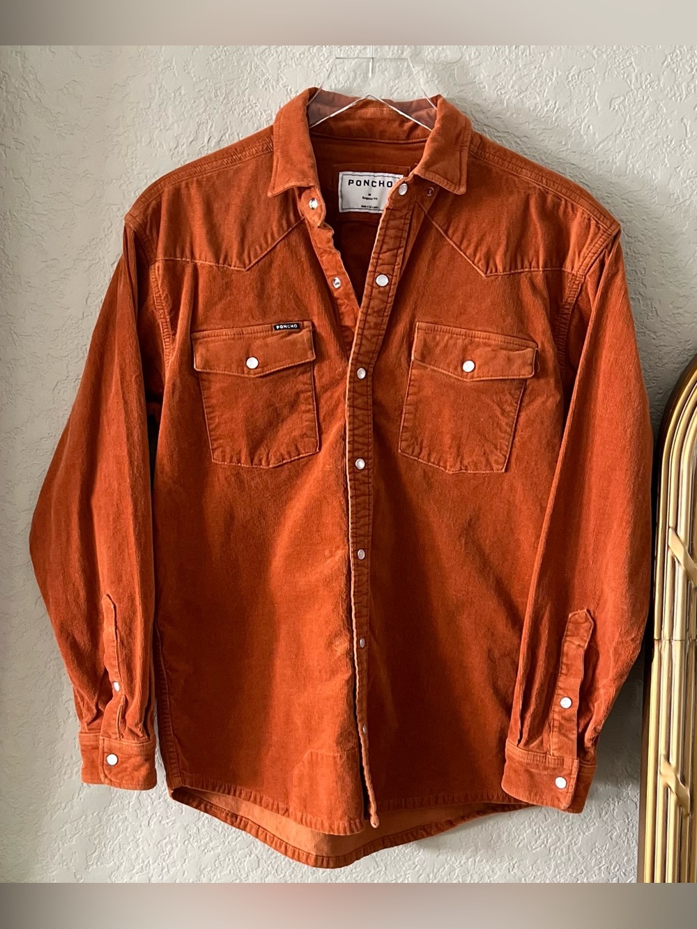 Poncho Western Burnt Orange Corduroy Men’s Shirt “The 1963” Size Med Pearl Snap